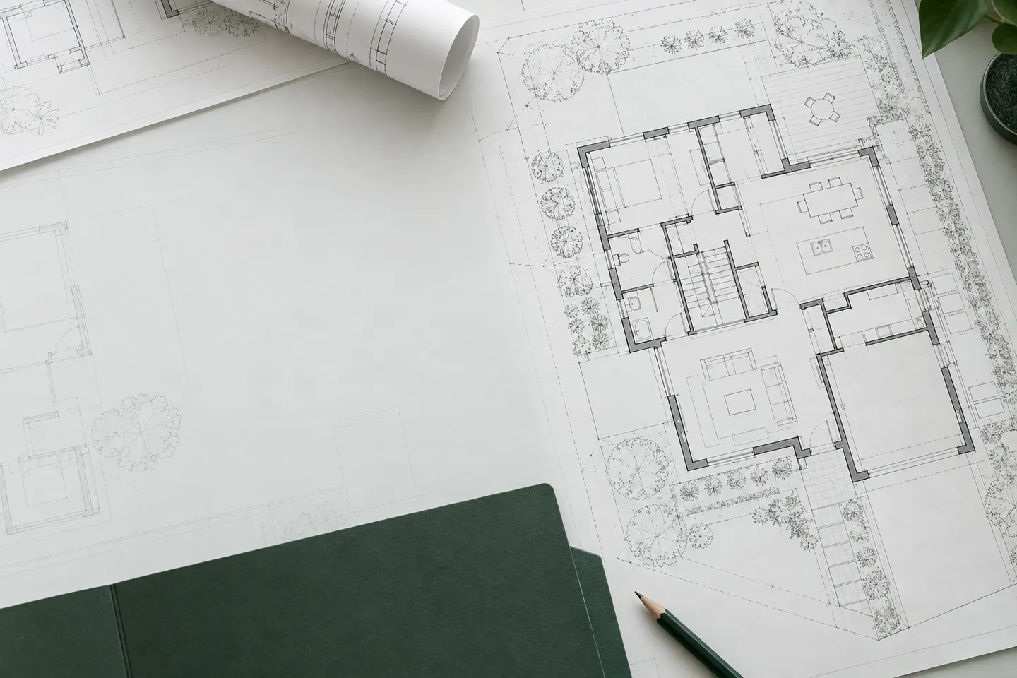 Architectural drawings, a notebook and pencil